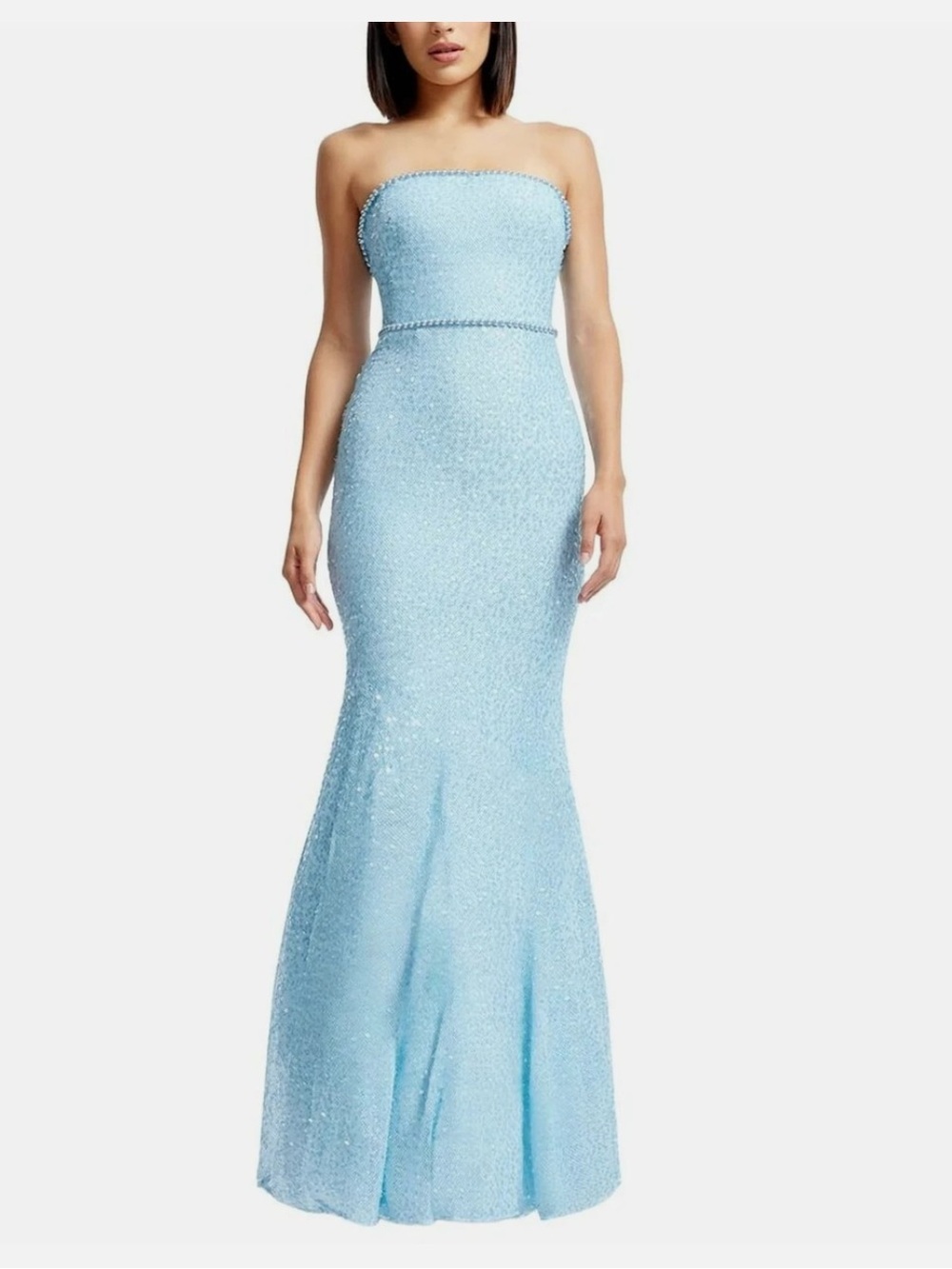 Dress The Population Arielle Sequin Mermaid Gown Light Blue Pearl Trim